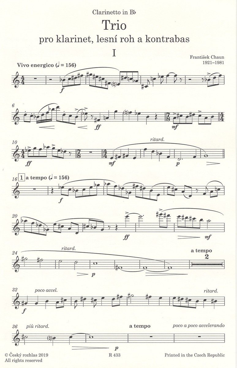 František Chaun: Trio pro klarinet, lesní roh a kontrabas / partitura a party