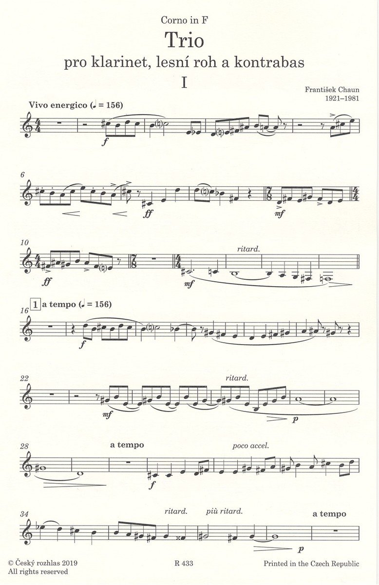 František Chaun: Trio pro klarinet, lesní roh a kontrabas / partitura a party
