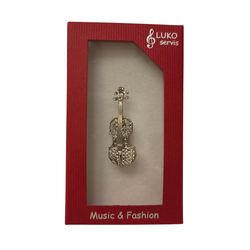 LUKO servis - Brož, housličky malé s kamínky, rhodium, 4 cm